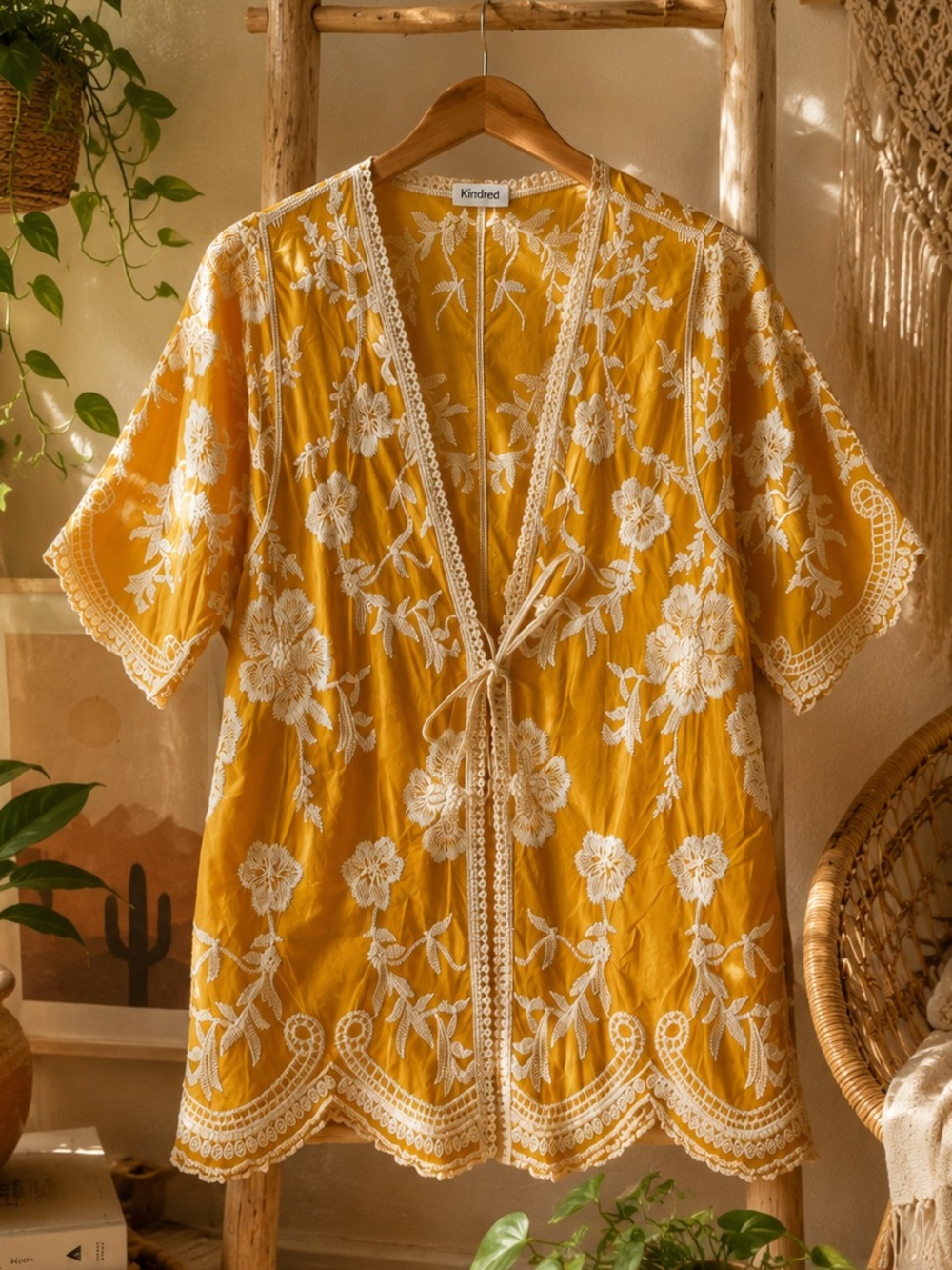 Kindred Mustard Yellow Embroidered Boho Kimono Cardigan 2X